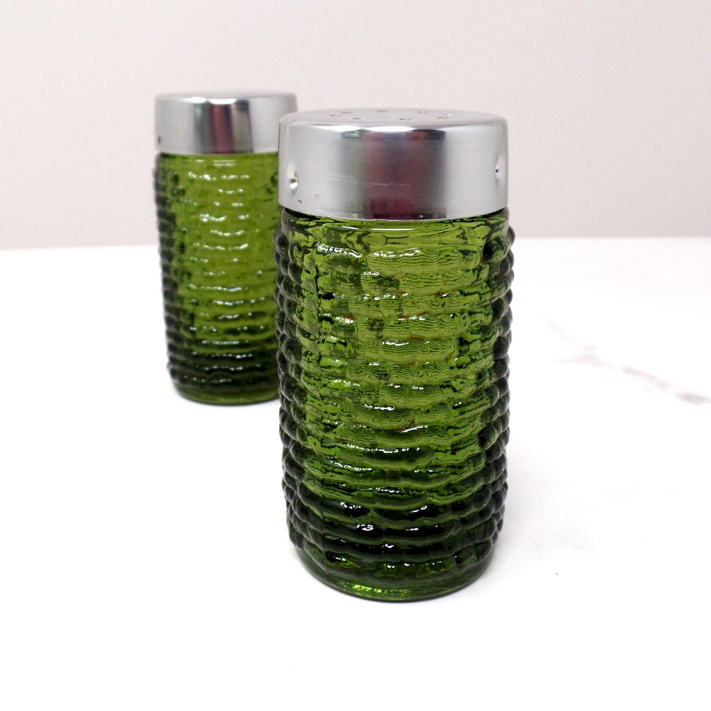 Vintage Anchor Hocking Soreno Glass Salt & Pepper Shakers, Avocado Green